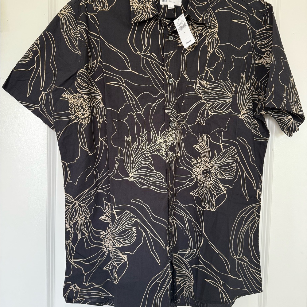 NWT GAP Black Floral Men's Stretch Poplin Shirt in Standard Fit